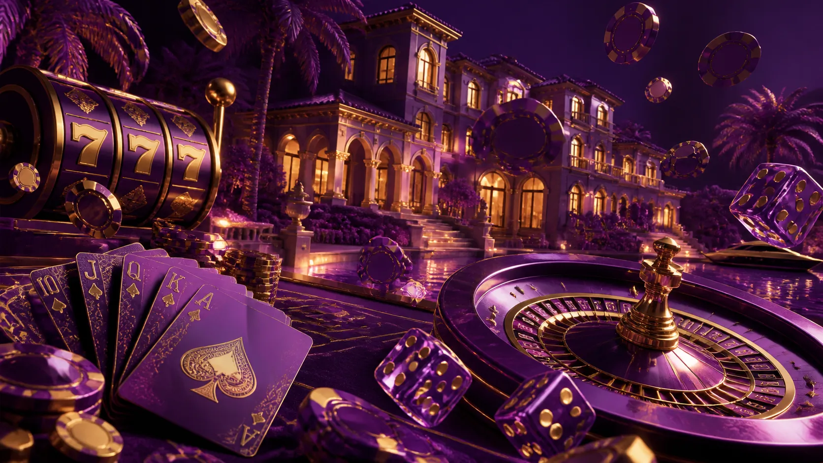 Luxury casino scene featuring poker chips, roulette wheel, and glowing elements reflecting the theme of Villaspin in a cinema